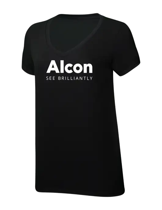 Womens Simply Soft V-Neck Black 4.5oz  Poly/Combed Ring Spun Cotton T-Shirt w/Alcon Logo