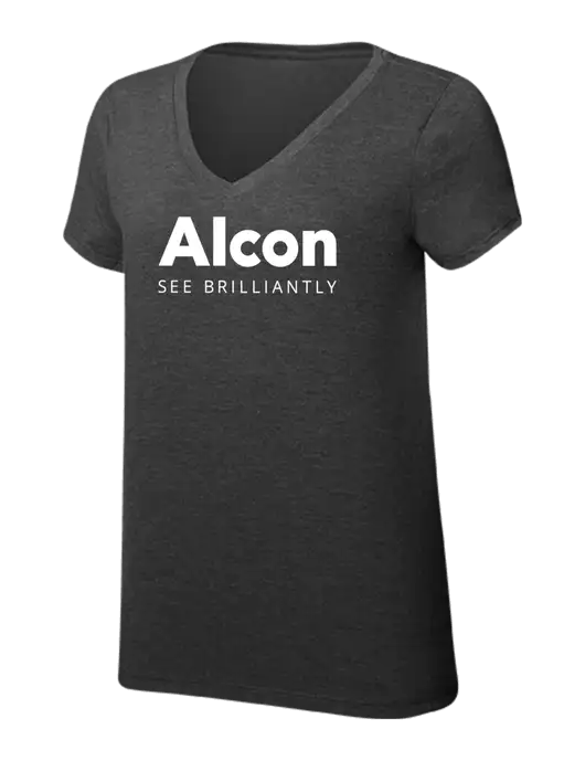 Womens Simply Soft V-Neck Black Frost 4.5oz  Poly/Combed Ring Spun Cotton T-Shirt w/Alcon Logo