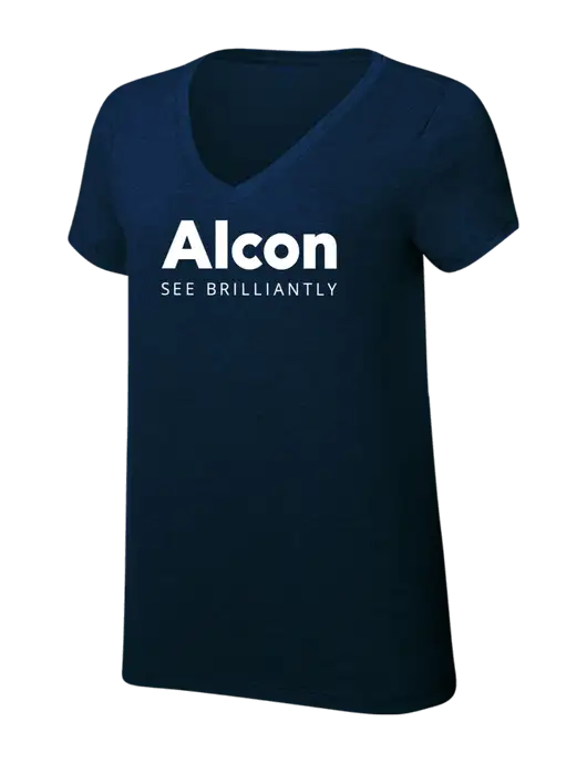 Womens Simply Soft V-Neck New Navy 4.5oz  Poly/Combed Ring Spun Cotton T-Shirt w/Alcon Logo