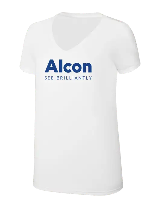 Womens Simply Soft V-Neck White 4.5oz  Poly/Combed Ring Spun Cotton T-Shirt w/Alcon Logo