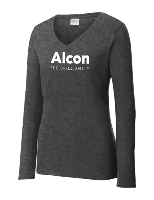 Womens  V-Neck Ring Spun Dark Heather Grey 4.5 oz Long Sleeve T-Shirt w/Alcon Logo