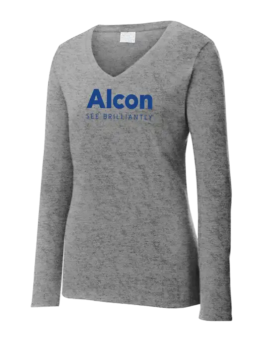 Womens  V-Neck Ring Spun Grey Heather 4.5 oz Long Sleeve T-Shirt w/Alcon Logo