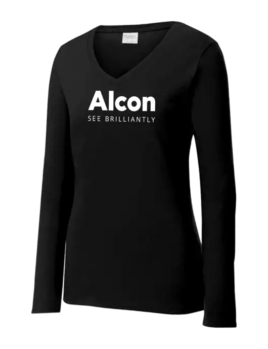 Womens V-Neck Ring Spun Jet Black 4.5 oz Long Sleeve T-Shirt w/Alcon Logo