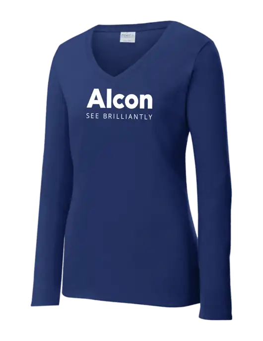 Womens  V-Neck Ring Spun Navy 4.5 oz Long Sleeve T-Shirt w/Alcon Logo
