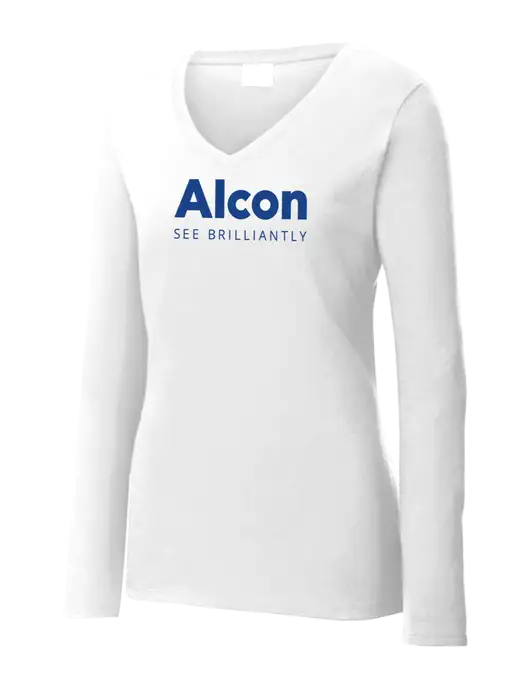 Womens  V-Neck Ring Spun White 4.5 oz Long Sleeve T-Shirt w/Alcon Logo