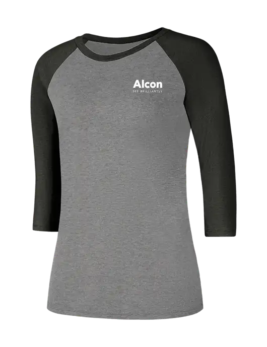 Womens Simply Soft 3/4 Sleeve Black Frost/Grey Frost Ring Spun Cotton T-Shirt w/Alcon Logo