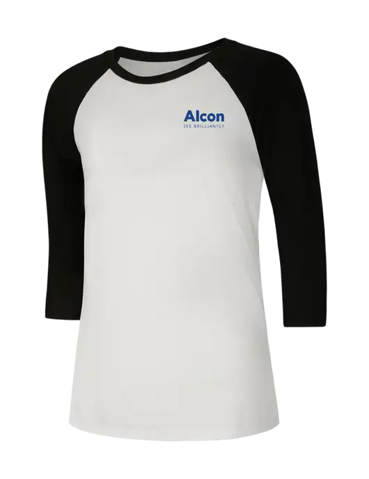 Womens Simply Soft 3/4 Sleeve Black/White Ring Spun Cotton T-Shirt w/Alcon Logo