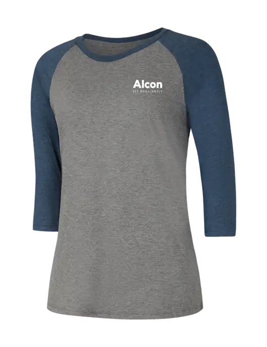 Womens Simply Soft 3/4 Sleeve Navy Frost/Grey Frost Ring Spun Cotton T-Shirt w/Alcon Logo