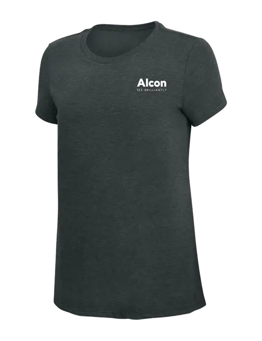 Womens Simply Soft Black Frost 4.5oz Poly/Combed Ring Spun Cotton T-Shirt w/Alcon Logo