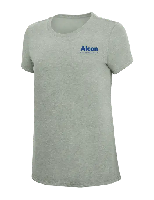 Womens Simply Soft Heathered Light Grey 4.5oz Poly/Combed Ring Spun Cotton T-Shirt w/Alcon Logo