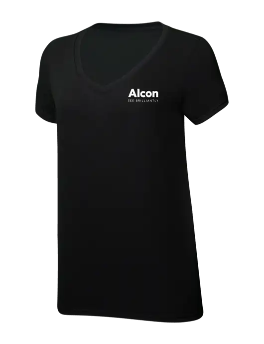Womens Simply Soft V-Neck Black 4.5oz  Poly/Combed Ring Spun Cotton T-Shirt w/Alcon Logo