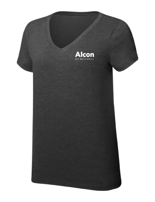 Womens Simply Soft V-Neck Black Frost 4.5oz  Poly/Combed Ring Spun Cotton T-Shirt w/Alcon Logo