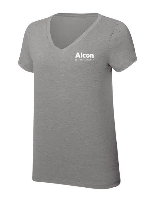 Womens Simply Soft V-Neck Grey Frost 4.5oz  Poly/Combed Ring Spun Cotton T-Shirt w/Alcon Logo