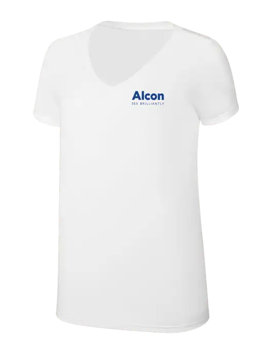 Womens Simply Soft V-Neck White 4.5oz  Poly/Combed Ring Spun Cotton T-Shirt w/Alcon Logo