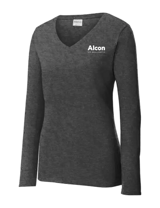 Womens  V-Neck Ring Spun Dark Heather Grey 4.5 oz Long Sleeve T-Shirt w/Alcon Logo