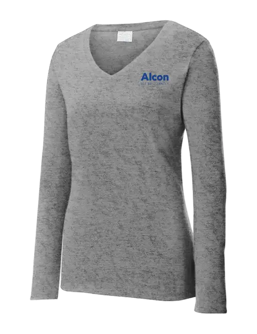 Womens  V-Neck Ring Spun Grey Heather 4.5 oz Long Sleeve T-Shirt w/Alcon Logo
