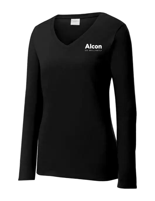 Womens V-Neck Ring Spun Jet Black 4.5 oz Long Sleeve T-Shirt w/Alcon Logo