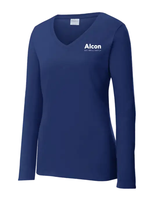 Womens  V-Neck Ring Spun Navy 4.5 oz Long Sleeve T-Shirt w/Alcon Logo