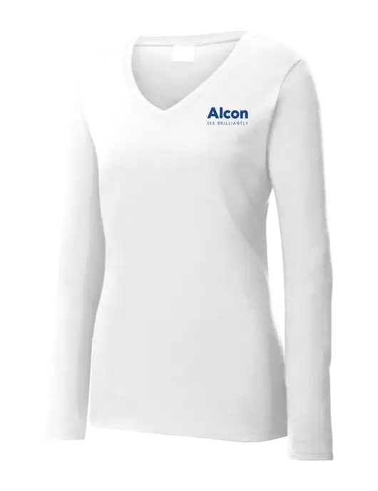 Womens  V-Neck Ring Spun White 4.5 oz Long Sleeve T-Shirt w/Alcon Logo